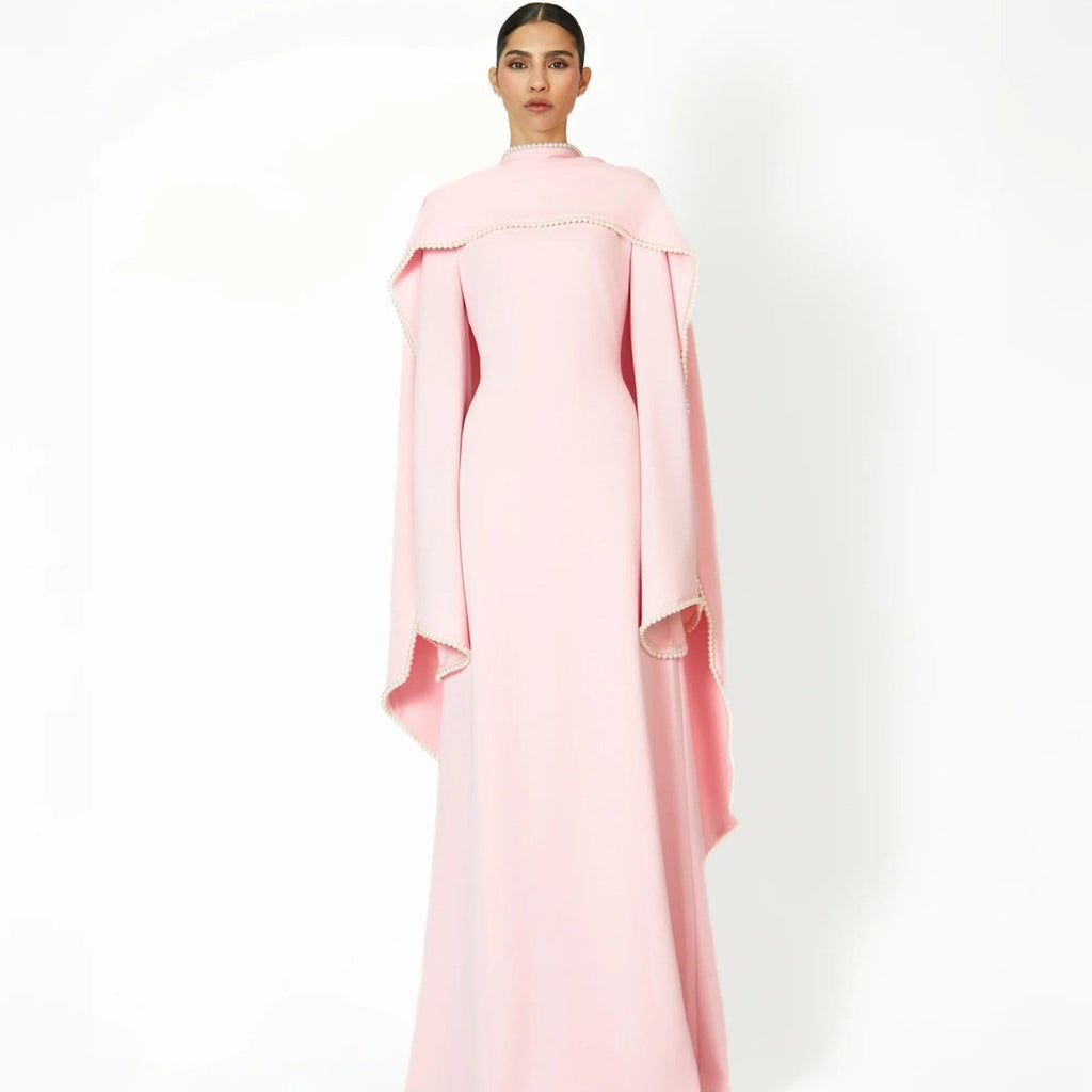 Elegant Pearl Embellished Cape Sleeve Evening Dress(MA337)