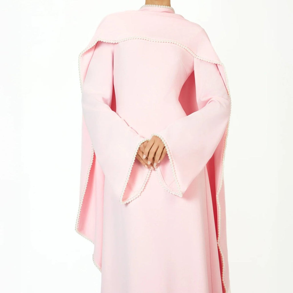 Elegant Pearl Embellished Cape Sleeve Evening Dress(MA337)