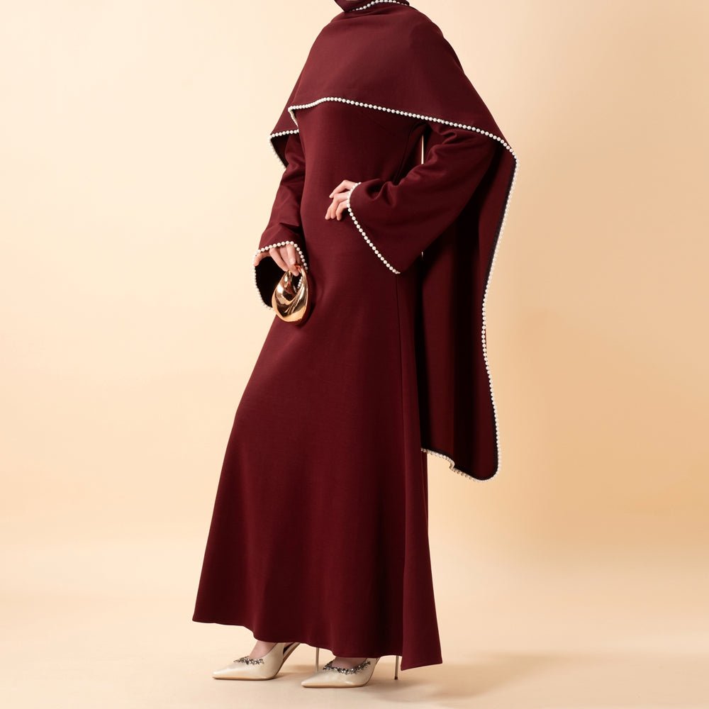 Elegant Pearl Embellished Cape Sleeve Evening Dress(MA337)