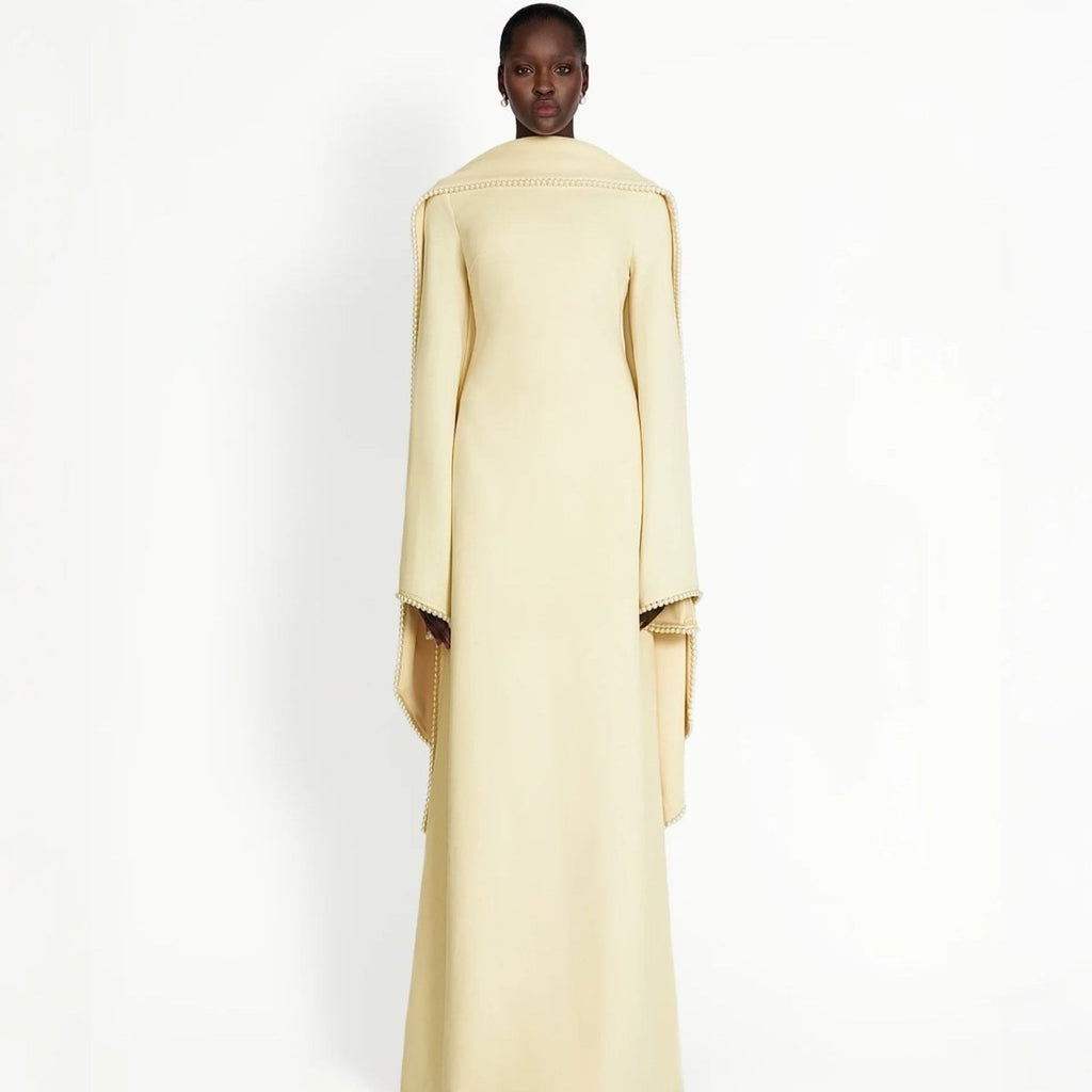 Elegant Pearl Embellished Cape Sleeve Evening Dress(MA337)