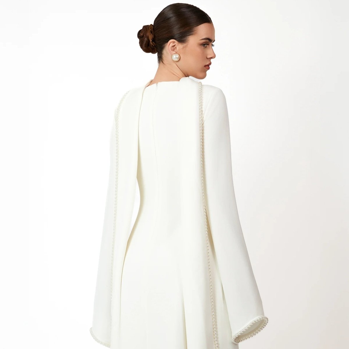 Elegant Pearl Embellished Cape Sleeve Evening Dress(MA337)
