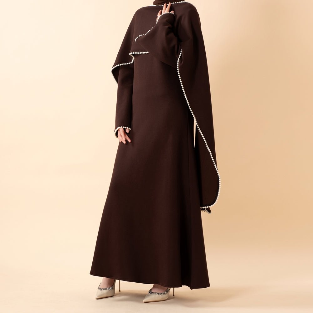 Elegant Pearl Embellished Cape Sleeve Evening Dress(MA337)