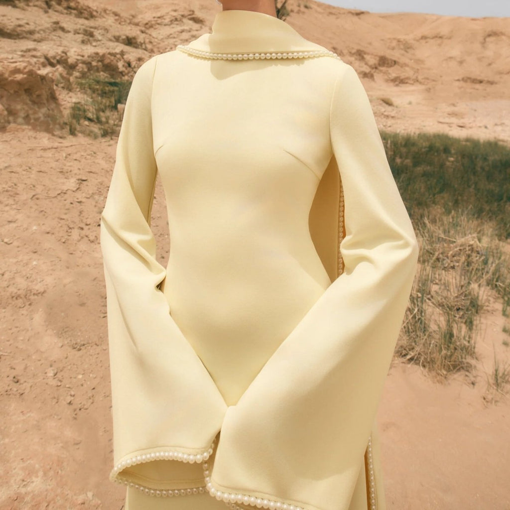 Elegant Pearl Embellished Cape Sleeve Evening Dress(MA337)