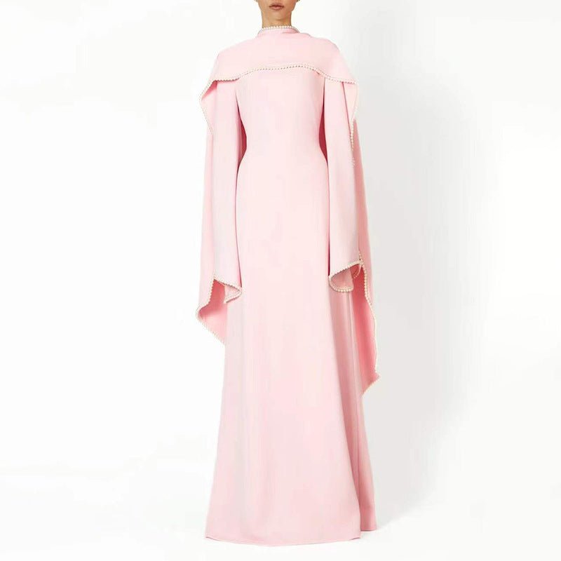 Elegant Pearl Embellished Cape Sleeve Evening Dress(MA400)