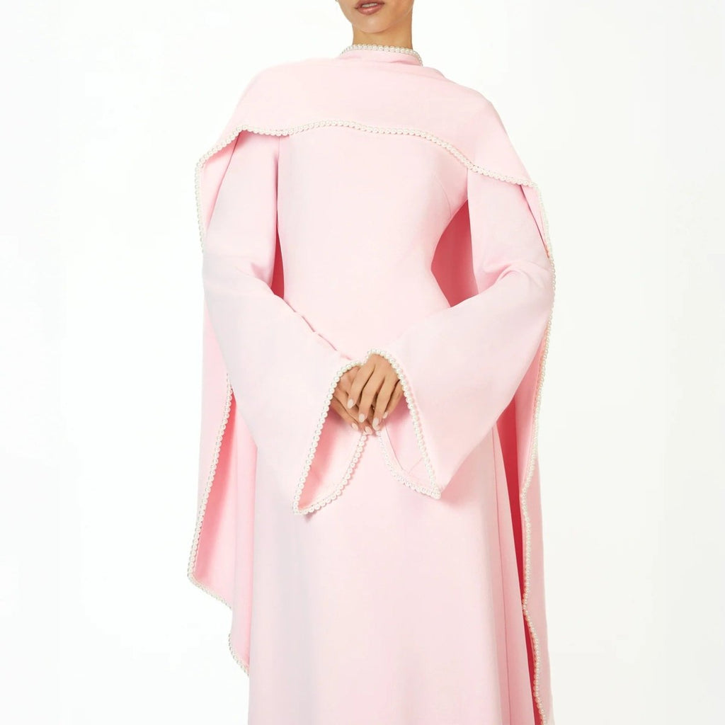 Elegant Pearl Embellished Cape Sleeve Evening Dress(MA400)