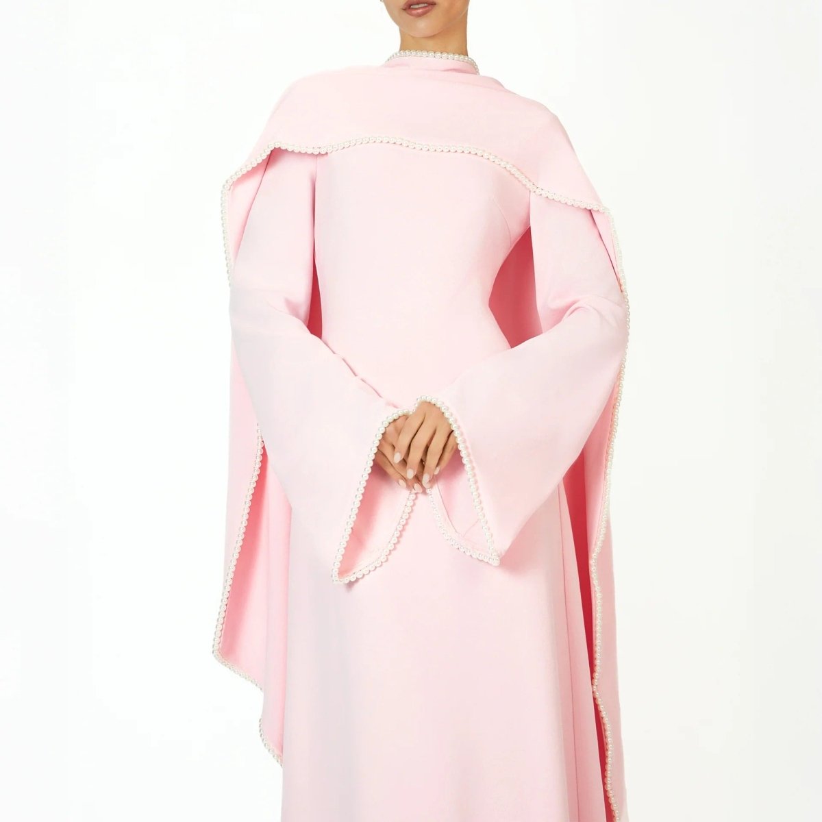 Elegant Pearl Embellished Cape Sleeve Evening Dress(MA400)