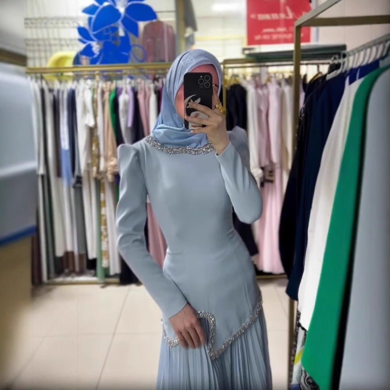 Elegant Pleated Abaya Dress with Diamond Embellished Collar & Waist | Modest Muslim Maxi Dress with Back Strap Detail(MA294)