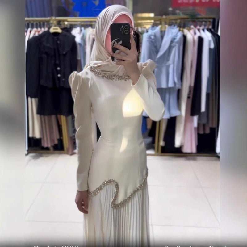 Elegant Pleated Abaya Dress with Diamond Embellished Collar & Waist | Modest Muslim Maxi Dress with Back Strap Detail(MA294)