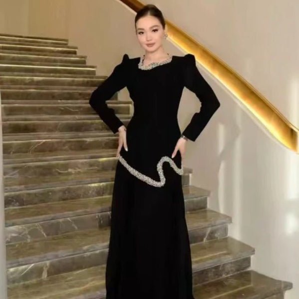 Elegant Pleated Abaya Dress with Diamond Embellished Collar & Waist | Modest Muslim Maxi Dress with Back Strap Detail(MA294)