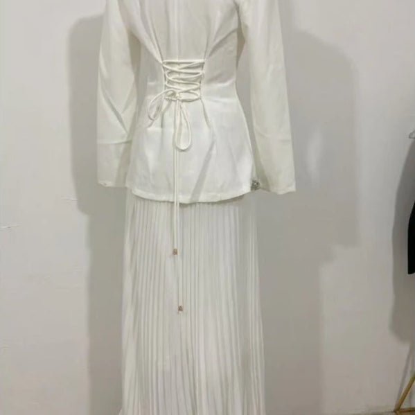 Elegant Pleated Abaya Dress with Diamond Embellished Collar & Waist | Modest Muslim Maxi Dress with Back Strap Detail(MA294)