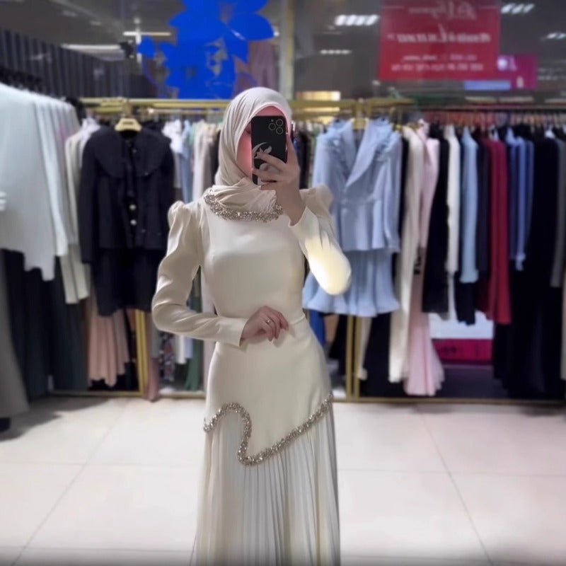 Elegant Pleated Abaya Dress with Diamond Embellished Collar & Waist | Modest Muslim Maxi Dress with Back Strap Detail(MA294)