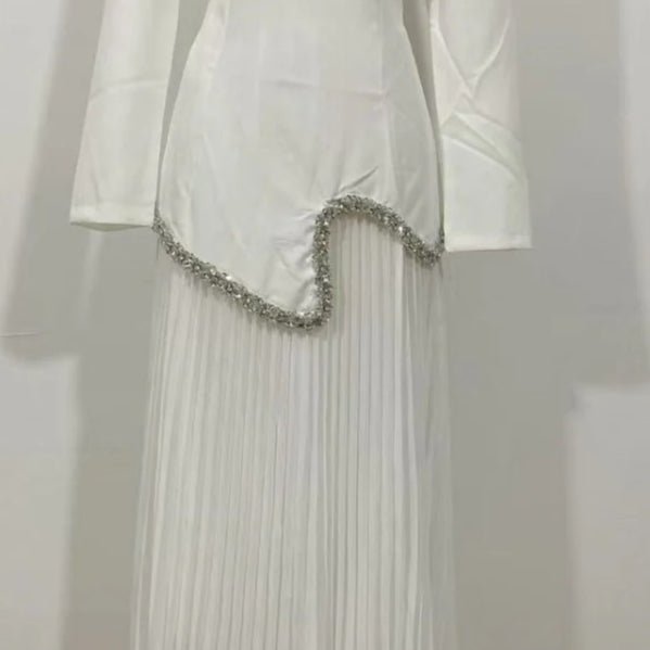 Elegant Pleated Abaya Dress with Diamond Embellished Collar & Waist | Modest Muslim Maxi Dress with Back Strap Detail(MA294)