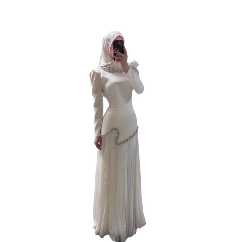 Elegant Pleated Abaya Dress with Diamond Embellished Collar & Waist | Modest Muslim Maxi Dress with Back Strap Detail(MA294)