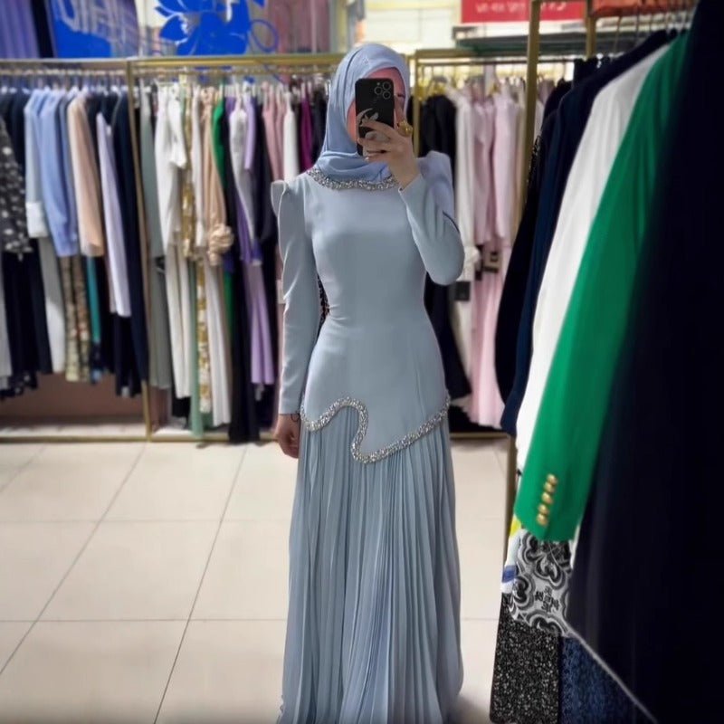 Elegant Pleated Abaya Dress with Diamond Embellished Collar & Waist | Modest Muslim Maxi Dress with Back Strap Detail(MA294)