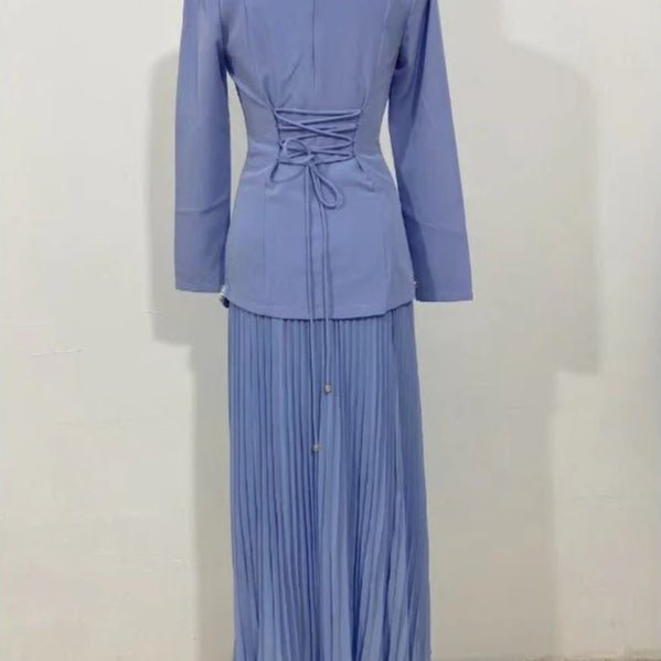 Elegant Pleated Abaya Dress with Diamond Embellished Collar & Waist | Modest Muslim Maxi Dress with Back Strap Detail(MA294)