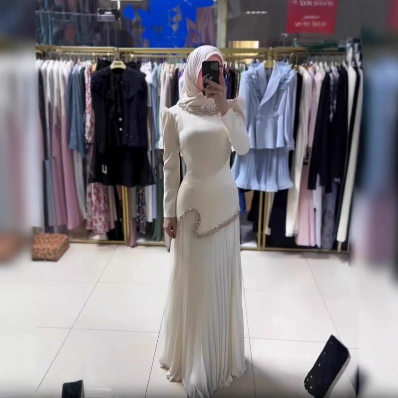 Elegant Pleated Abaya Dress with Diamond Embellished Collar & Waist | Modest Muslim Maxi Dress with Back Strap Detail(MA294)