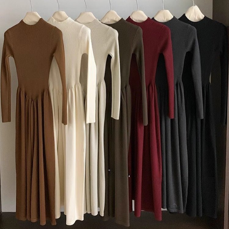 Elegant Ribbed Knit Maxi Dress | Mock Neck A-Line Sweater Dress (MS173)