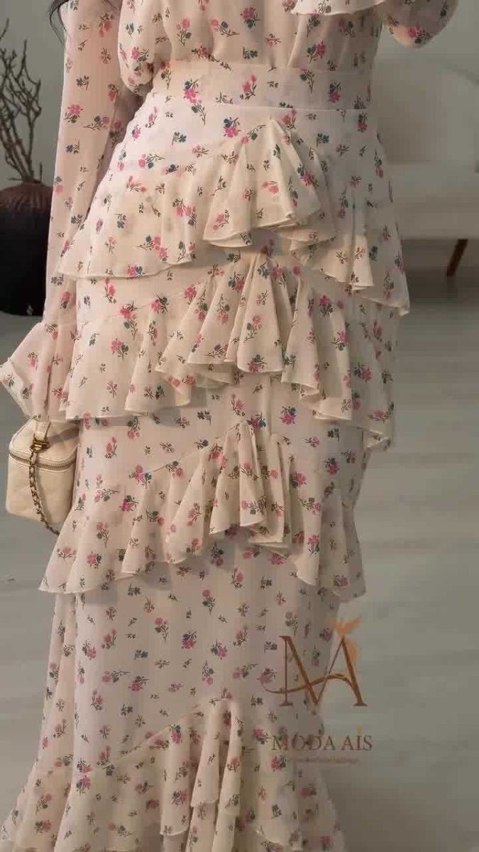 Elegant Romantic Floral Chiffon Fishtail  Ruffled Long Sleeve Dress Maxi Dress Abaya(MA212)