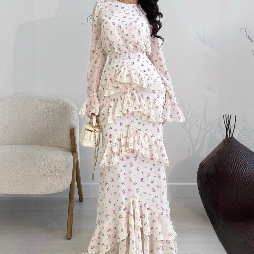 Elegant Romantic Floral Chiffon Fishtail  Ruffled Long Sleeve Dress Maxi Dress Abaya(MA212)