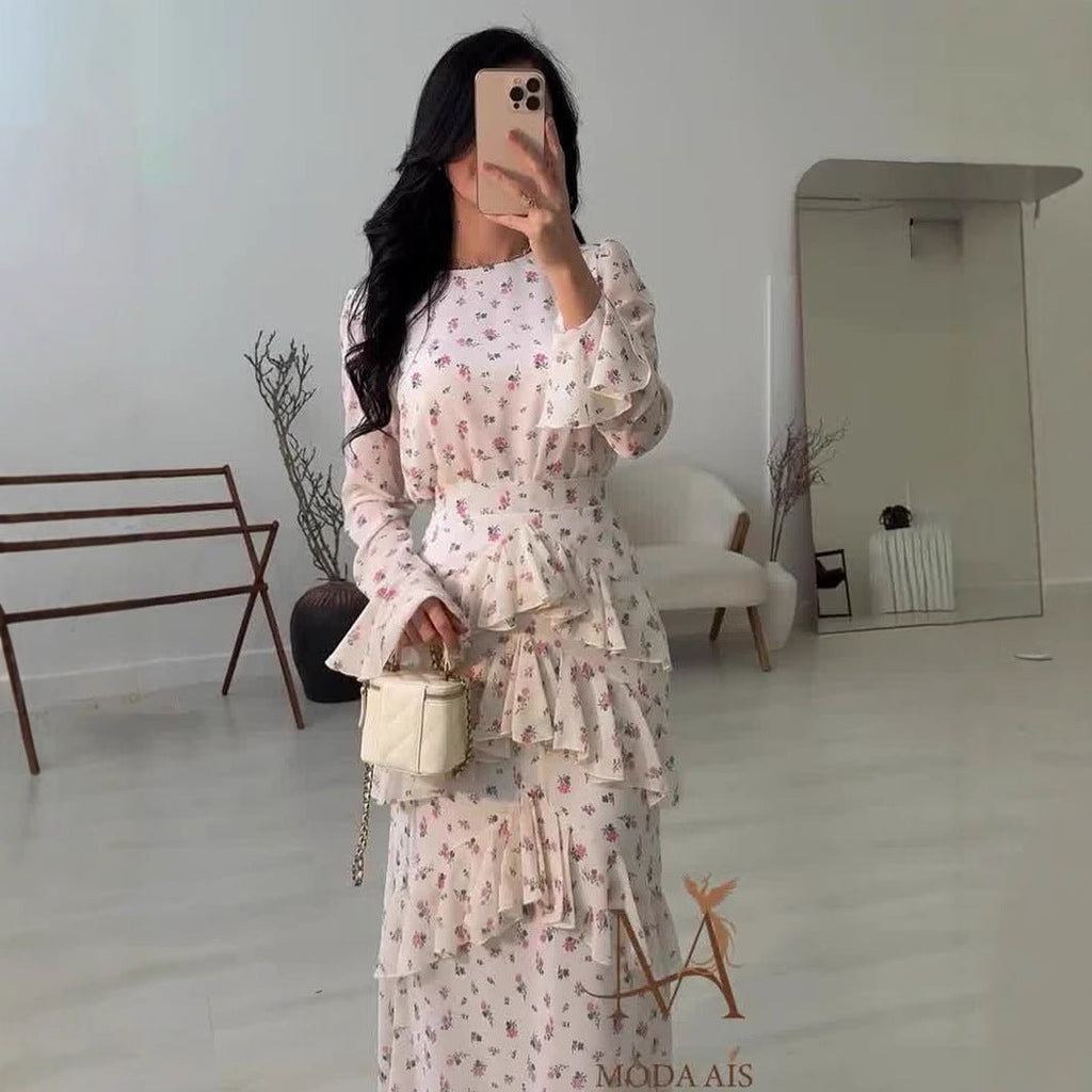Elegant Romantic Floral Chiffon Fishtail  Ruffled Long Sleeve Dress Maxi Dress Abaya(MA212)