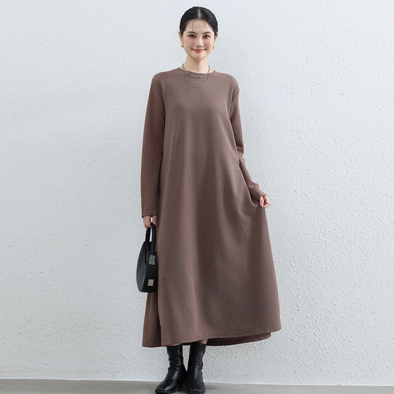 Elegant Round Neck A-Line Maxi Dress - Solid Color Modest Abaya with Pockets (MA310)
