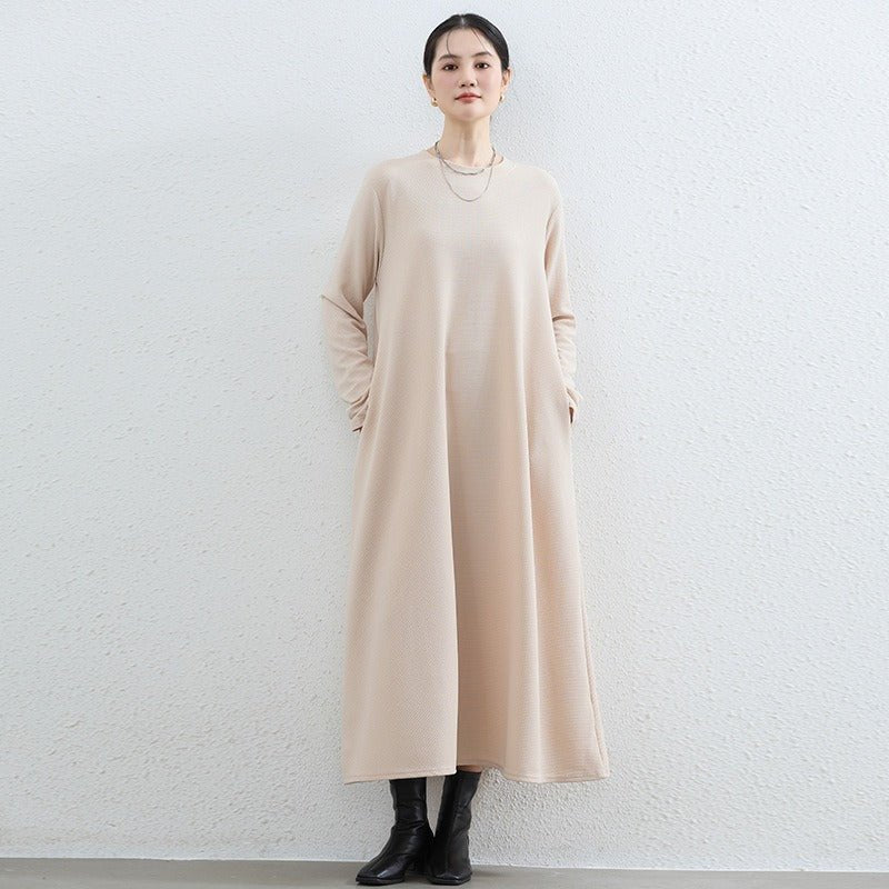 Elegant Round Neck A-Line Maxi Dress - Solid Color Modest Abaya with Pockets (MA310)