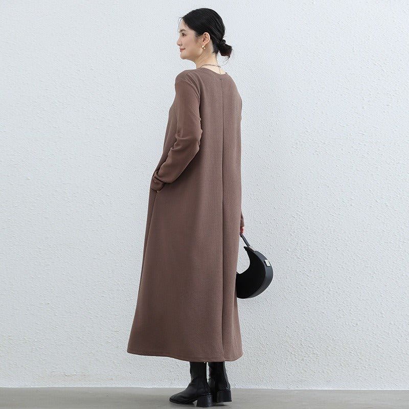 Elegant Round Neck A-Line Maxi Dress - Solid Color Modest Abaya with Pockets (MA310)