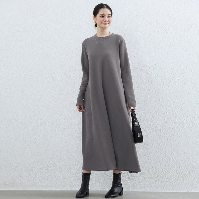 Elegant Round Neck A-Line Maxi Dress - Solid Color Modest Abaya with Pockets (MA310)