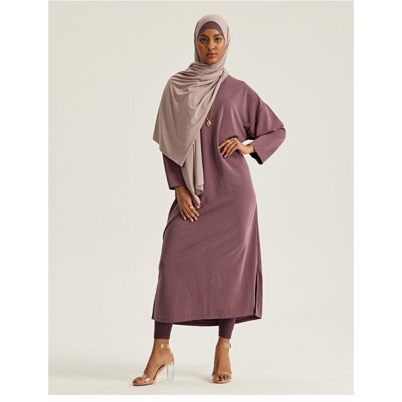 Round Neck Drop Shoulder Maxi Dress - Solid Color Modest Abaya with Side Slits (MA309)
