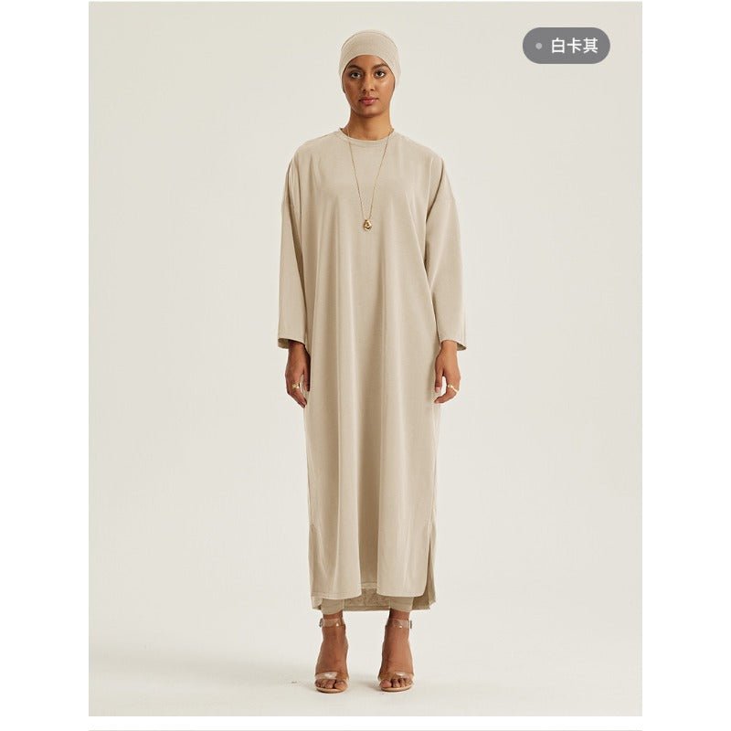 Round Neck Drop Shoulder Maxi Dress - Solid Color Modest Abaya with Side Slits (MA309)