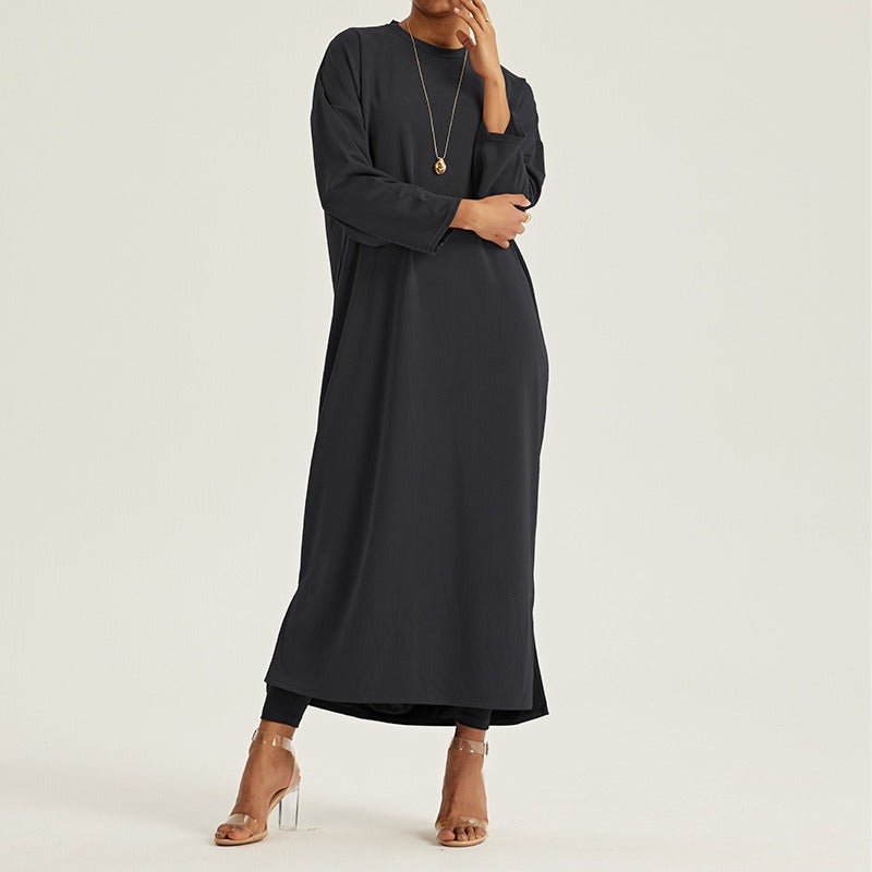 Round Neck Drop Shoulder Maxi Dress - Solid Color Modest Abaya with Side Slits (MA309)