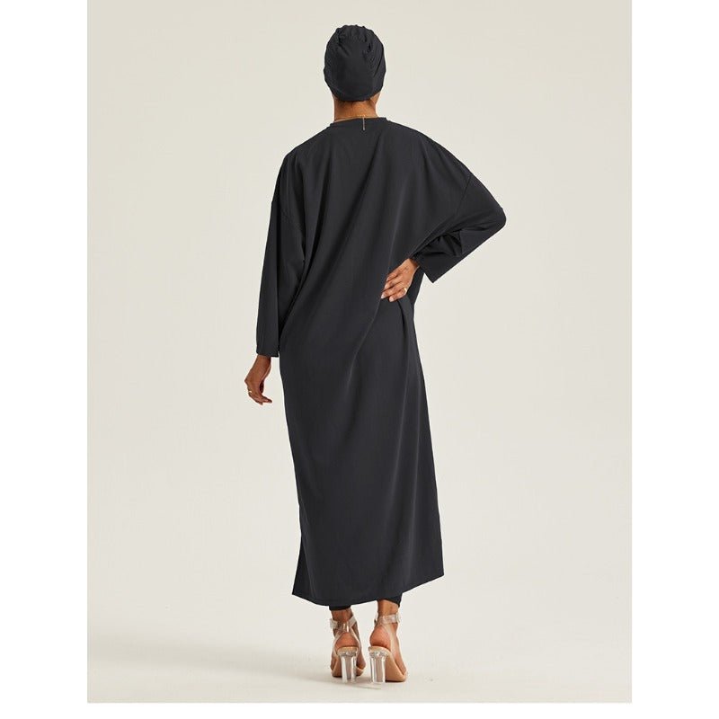 Round Neck Drop Shoulder Maxi Dress - Solid Color Modest Abaya with Side Slits (MA309)