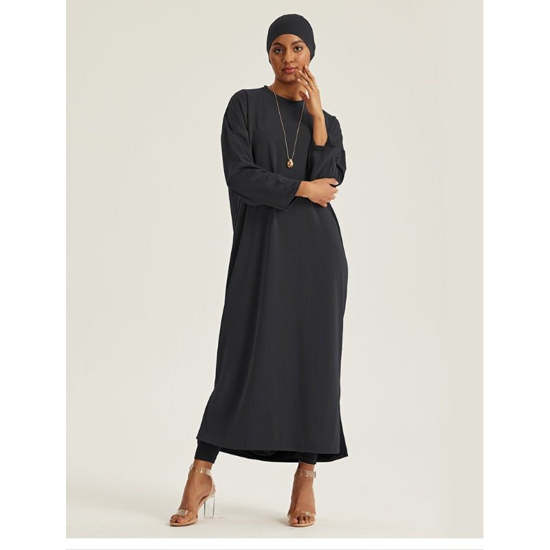 Round Neck Drop Shoulder Maxi Dress - Solid Color Modest Abaya with Side Slits (MA309)