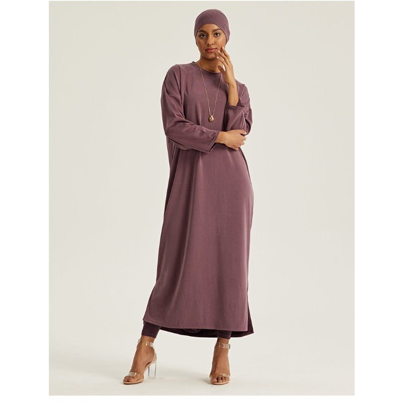 Round Neck Drop Shoulder Maxi Dress - Solid Color Modest Abaya with Side Slits (MA309)