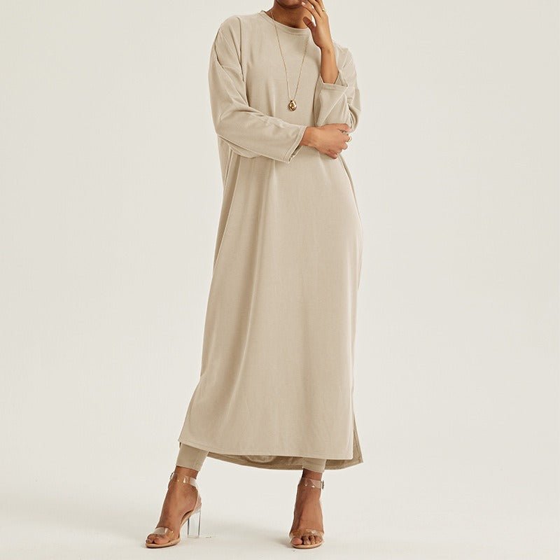 Round Neck Drop Shoulder Maxi Dress - Solid Color Modest Abaya with Side Slits (MA309)