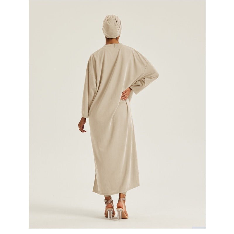 Round Neck Drop Shoulder Maxi Dress - Solid Color Modest Abaya with Side Slits (MA309)