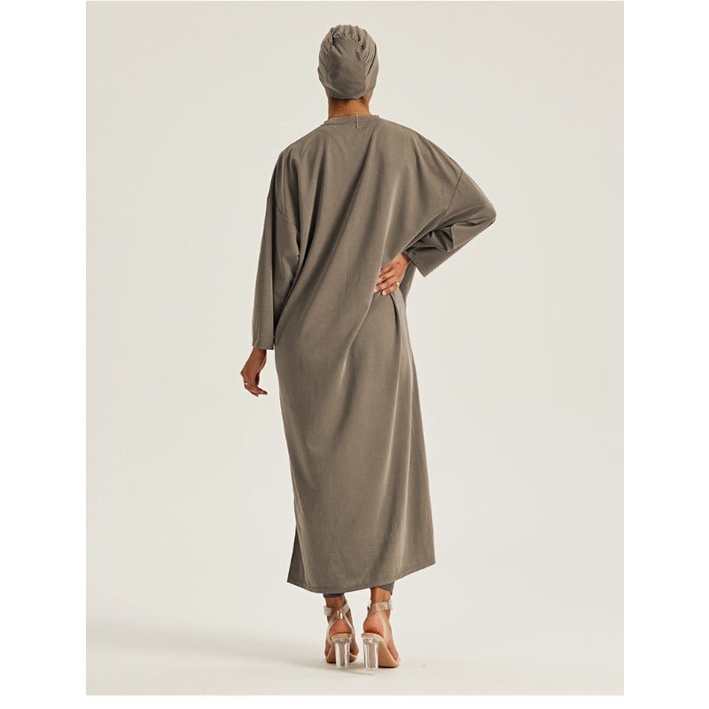 Round Neck Drop Shoulder Maxi Dress - Solid Color Modest Abaya with Side Slits (MA309)