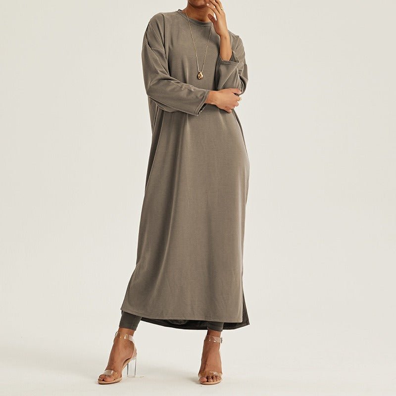 Round Neck Drop Shoulder Maxi Dress - Solid Color Modest Abaya with Side Slits (MA309)