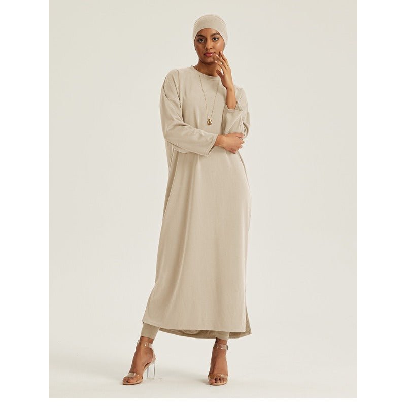 Round Neck Drop Shoulder Maxi Dress - Solid Color Modest Abaya with Side Slits (MA309)