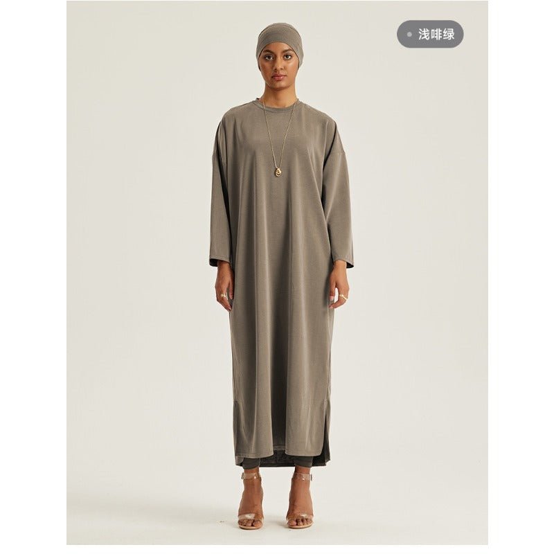 Round Neck Drop Shoulder Maxi Dress - Solid Color Modest Abaya with Side Slits (MA309)