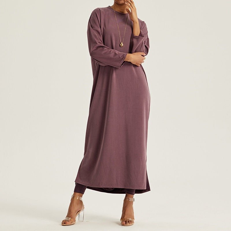 Round Neck Drop Shoulder Maxi Dress - Solid Color Modest Abaya with Side Slits (MA309)
