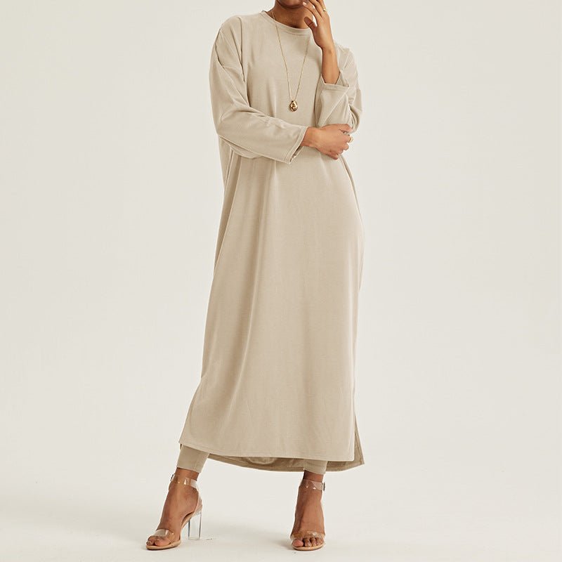 Round Neck Drop Shoulder Maxi Dress - Solid Color Modest Abaya with Side Slits (MA309)