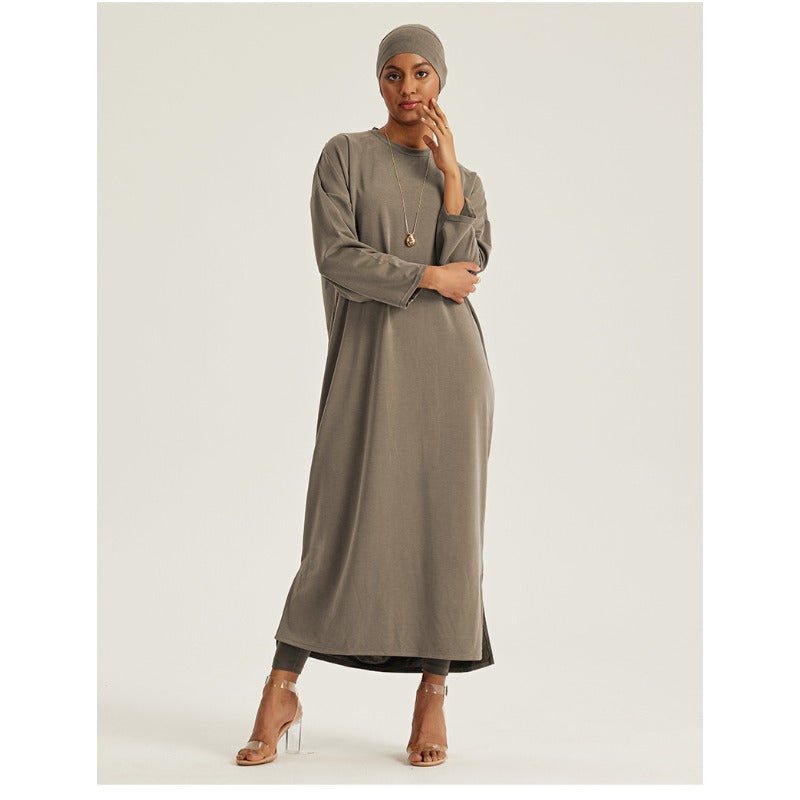 Round Neck Drop Shoulder Maxi Dress - Solid Color Modest Abaya with Side Slits (MA309)