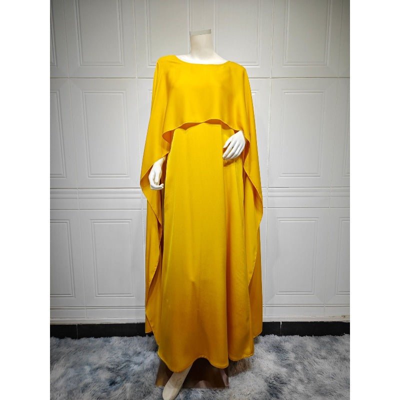 Elegant Royal Satin Abaya Dress | Modest Cape Sleeve Maxi Robe with Luxurious Draping(MA289)