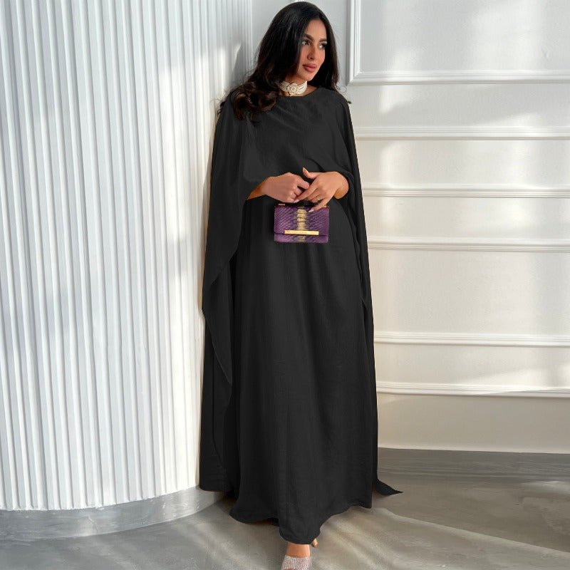 Elegant Royal Satin Abaya Dress | Modest Cape Sleeve Maxi Robe with Luxurious Draping(MA289)
