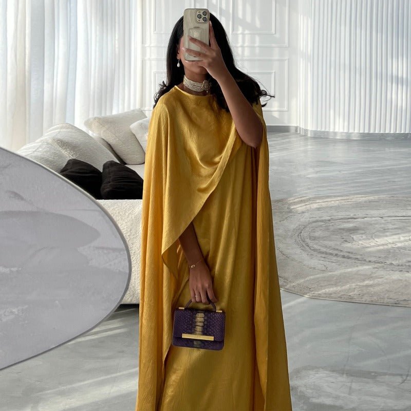 Elegant Royal Satin Abaya Dress | Modest Cape Sleeve Maxi Robe with Luxurious Draping(MA289)