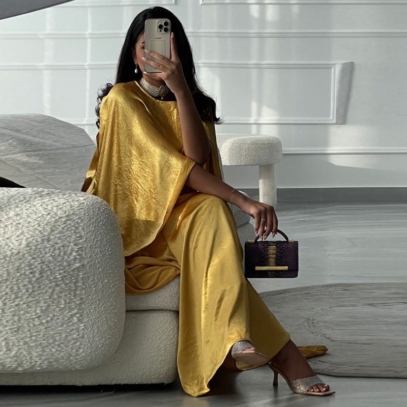Elegant Royal Satin Abaya Dress | Modest Cape Sleeve Maxi Robe with Luxurious Draping(MA289)
