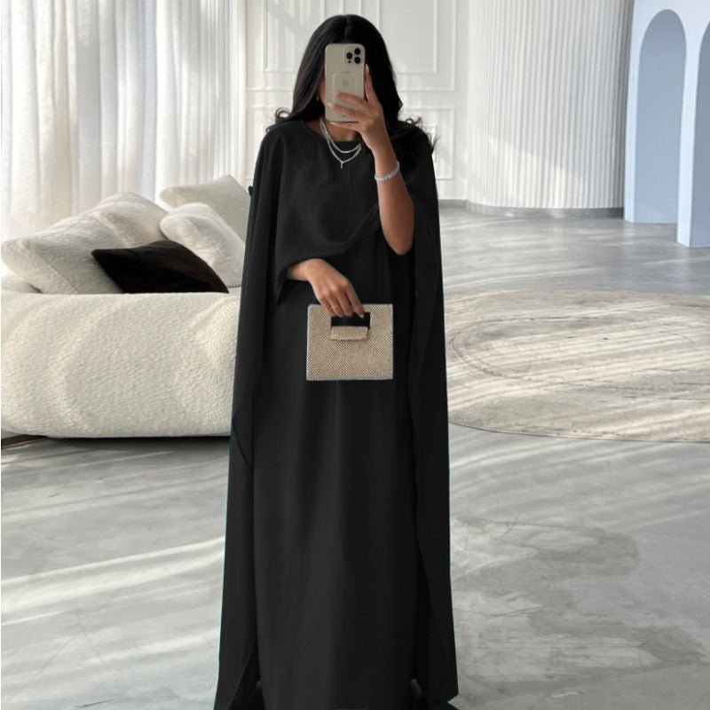 Elegant Royal Satin Abaya Dress | Modest Cape Sleeve Maxi Robe with Luxurious Draping(MA289)