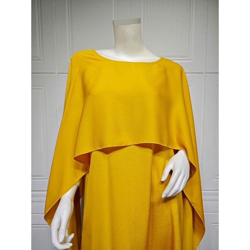 Elegant Royal Satin Abaya Dress | Modest Cape Sleeve Maxi Robe with Luxurious Draping(MA289)