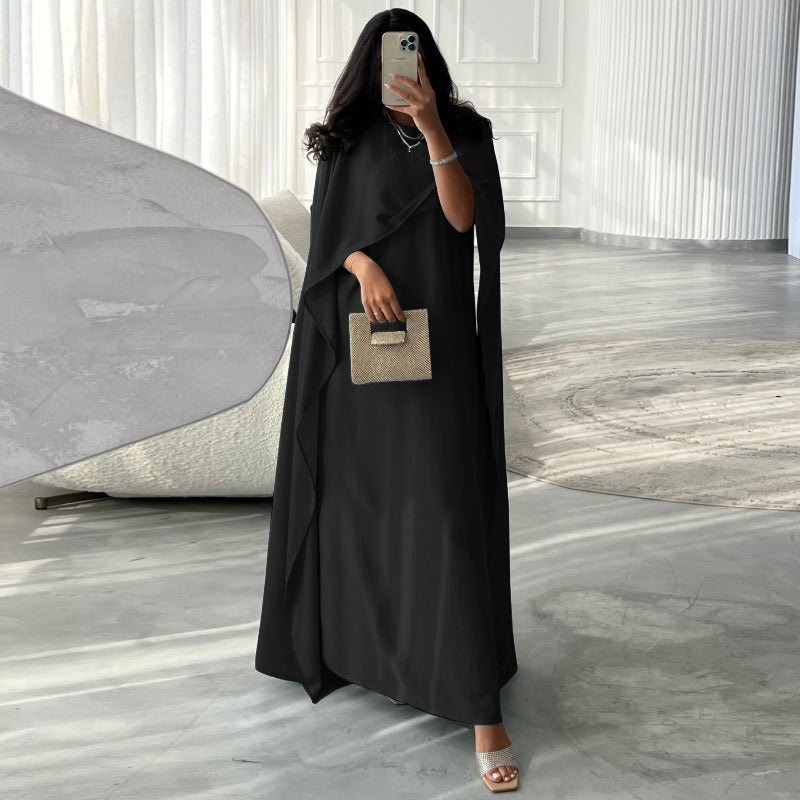 Elegant Royal Satin Abaya Dress | Modest Cape Sleeve Maxi Robe with Luxurious Draping(MA289)